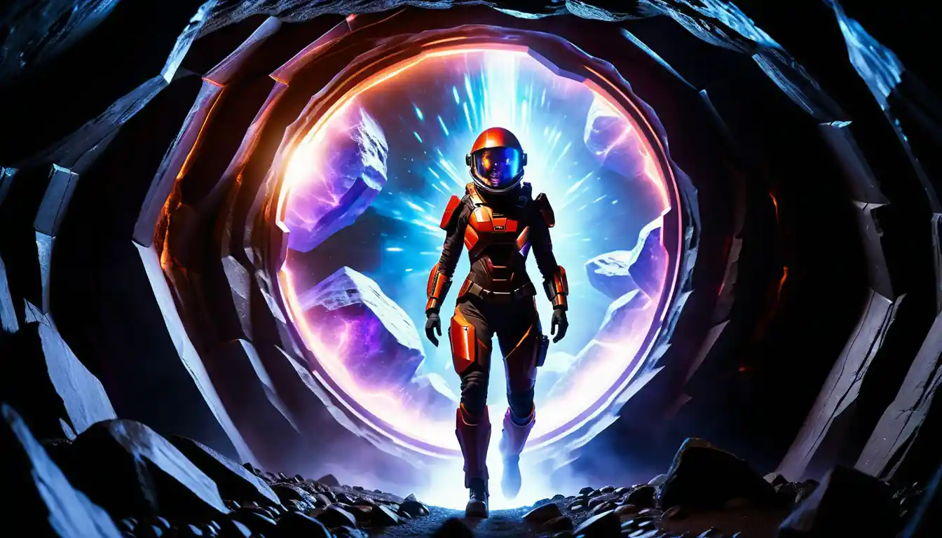 Woman in red spacesuit inside glowing energy sphere