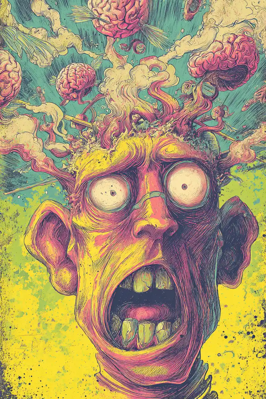 Surreal distorted head with steam and flying brains