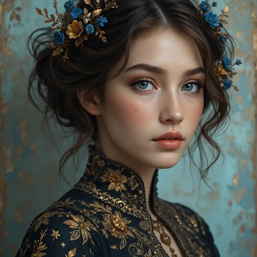 Young woman with floral gold headpiece and blue eyes