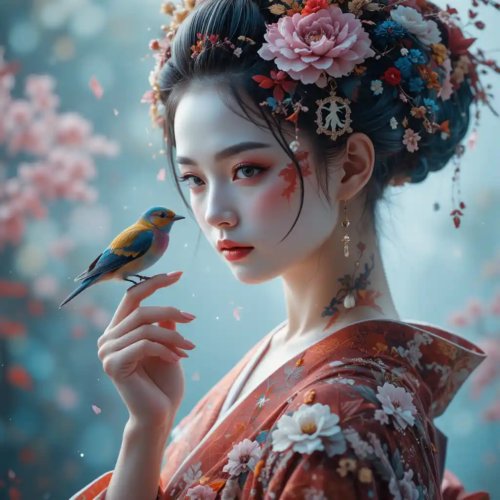 Surreal cinematic portrait of a dramatic geisha with seasons
