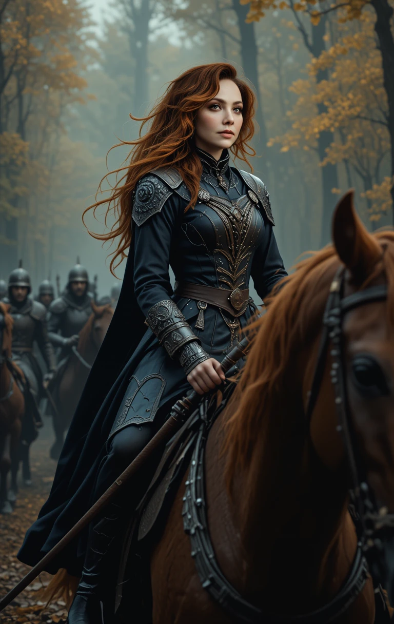 Red haired medieval assassin riding a warhorse in forest