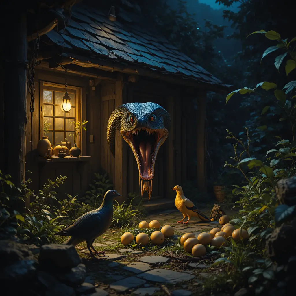 Snake Slithering Toward Golden Eggs In Village House Night