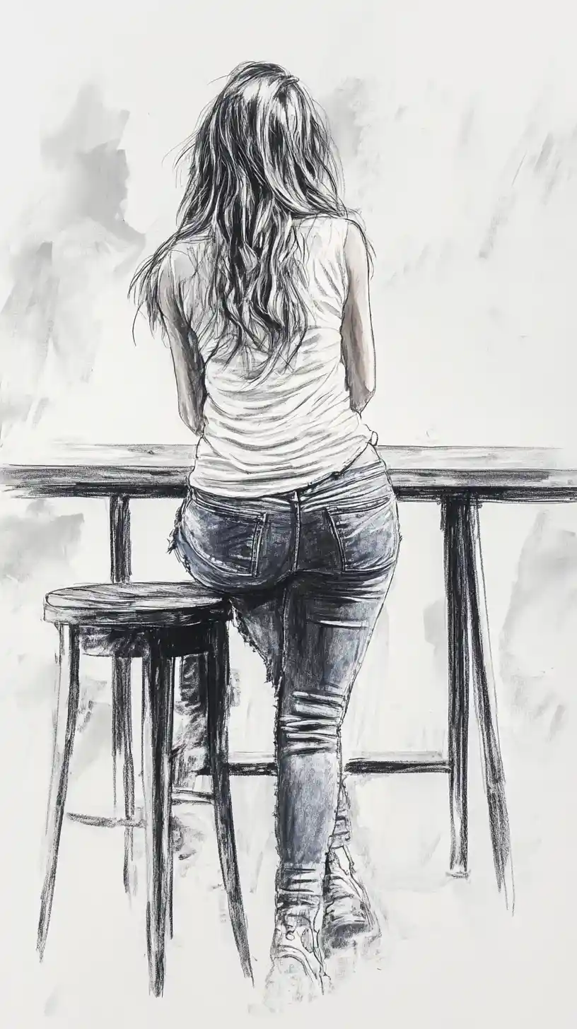 Acquerello di donna appoggiata a un tavolo alto in stanza rustica