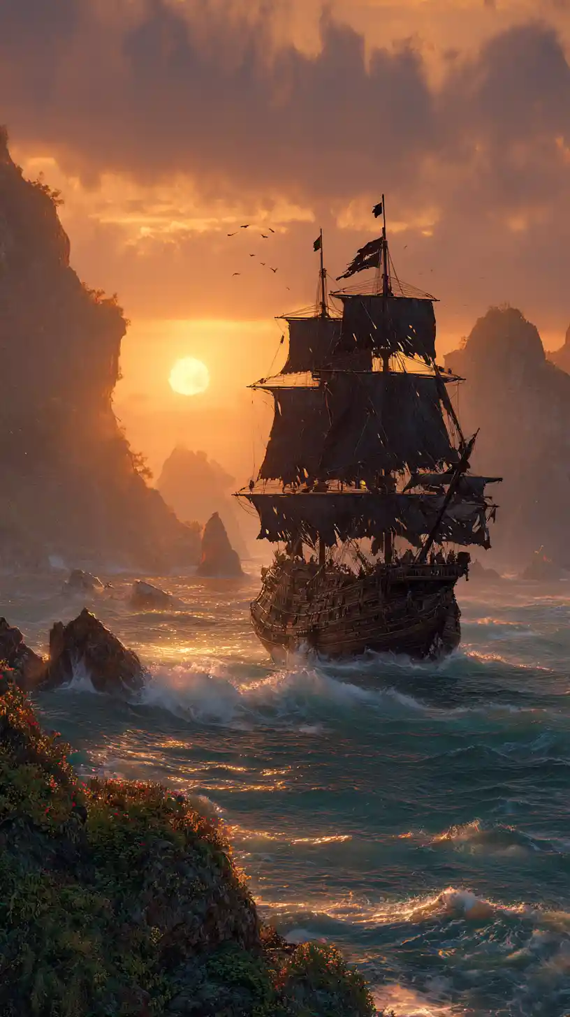 Pirate ship crashing through stormy waves at sunset