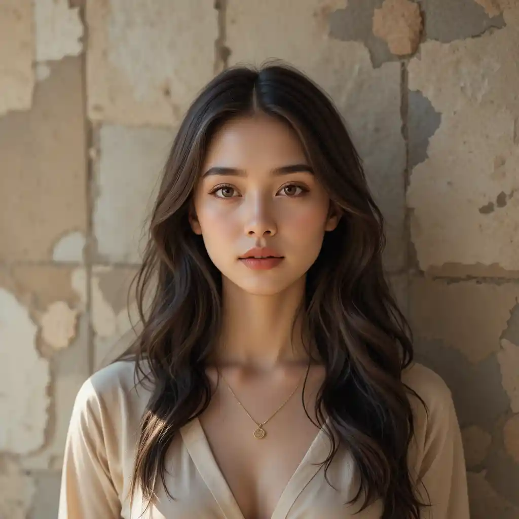 Young woman in warm cinematic portrait against textured wall