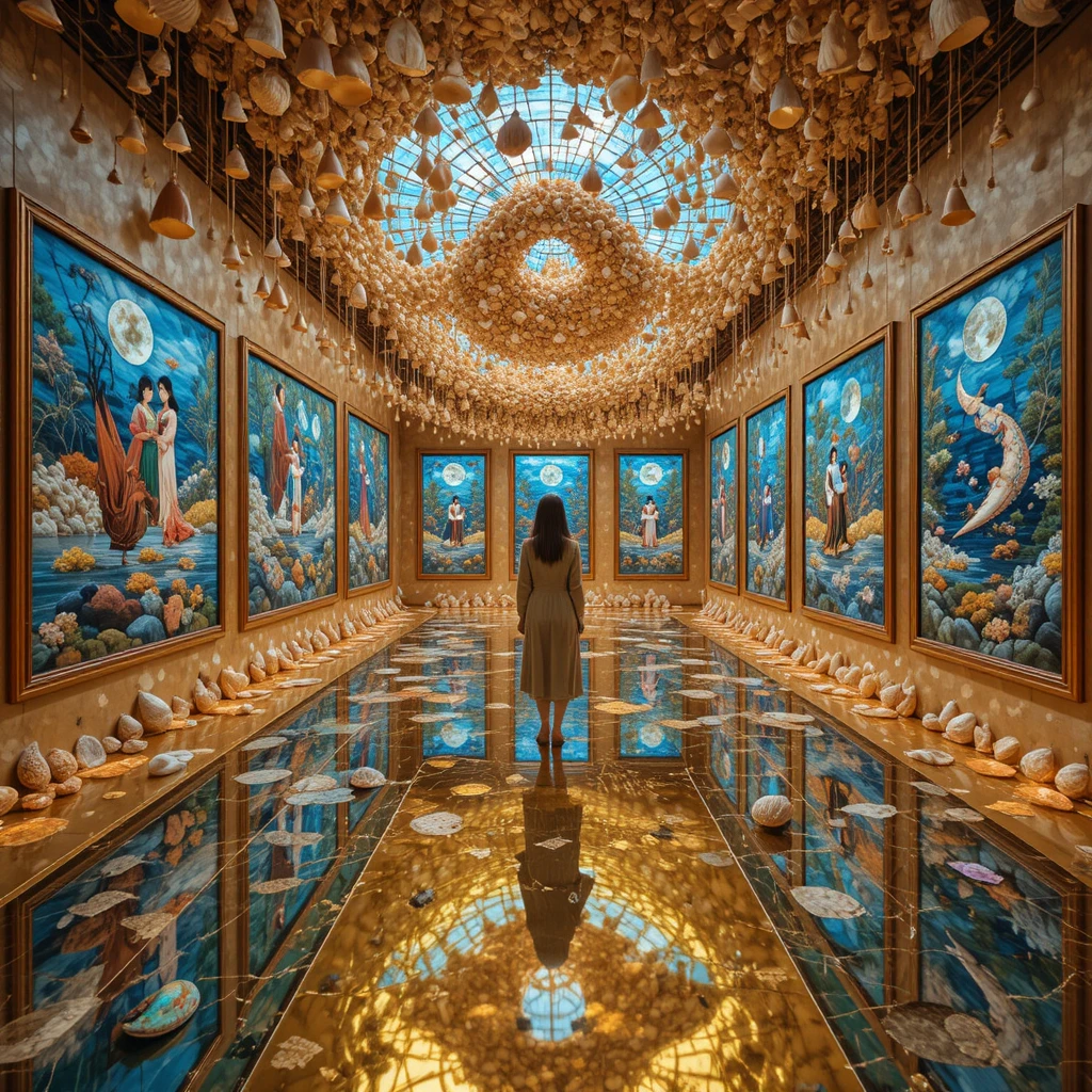 Visitors enter a reflective gold floor installation in an art gallery