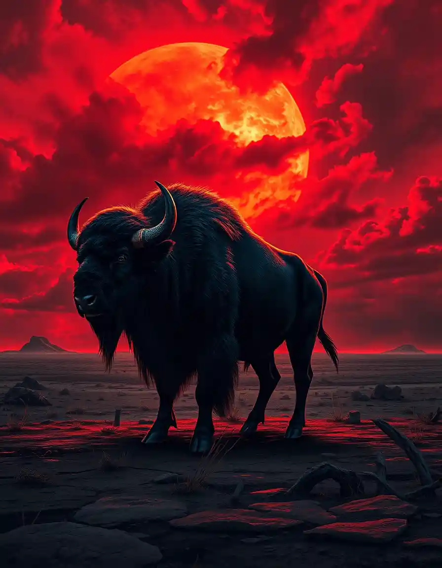 Oscura silhouette di bisonte sotto un cielo tempestoso rosso sangue