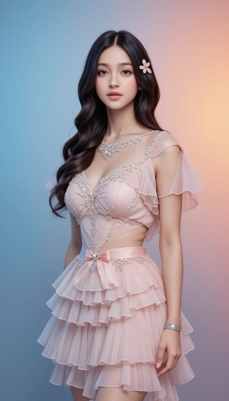 Elegant three quarter portrait of a girl in pink chiffon