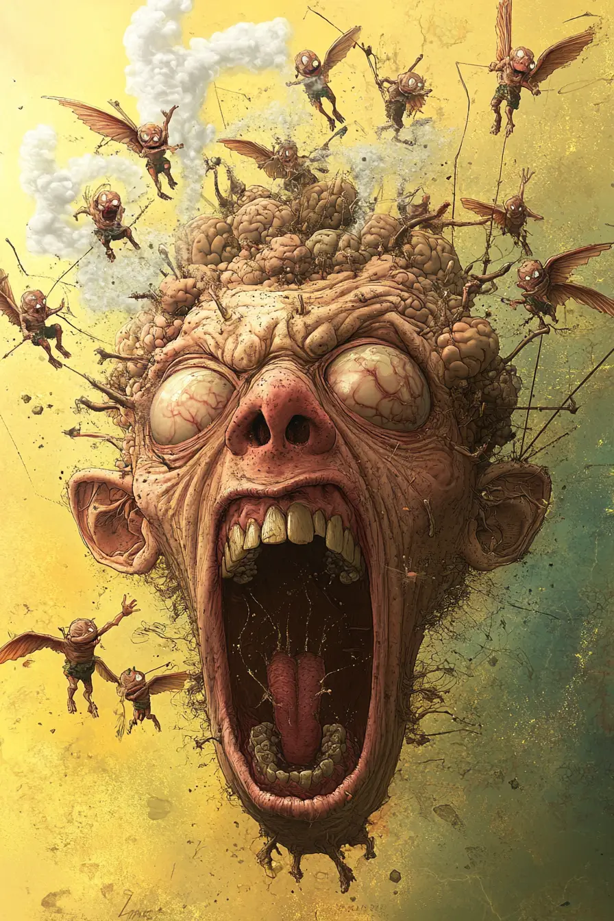 Surreal Distorted Head Exploding With Brains And Demons