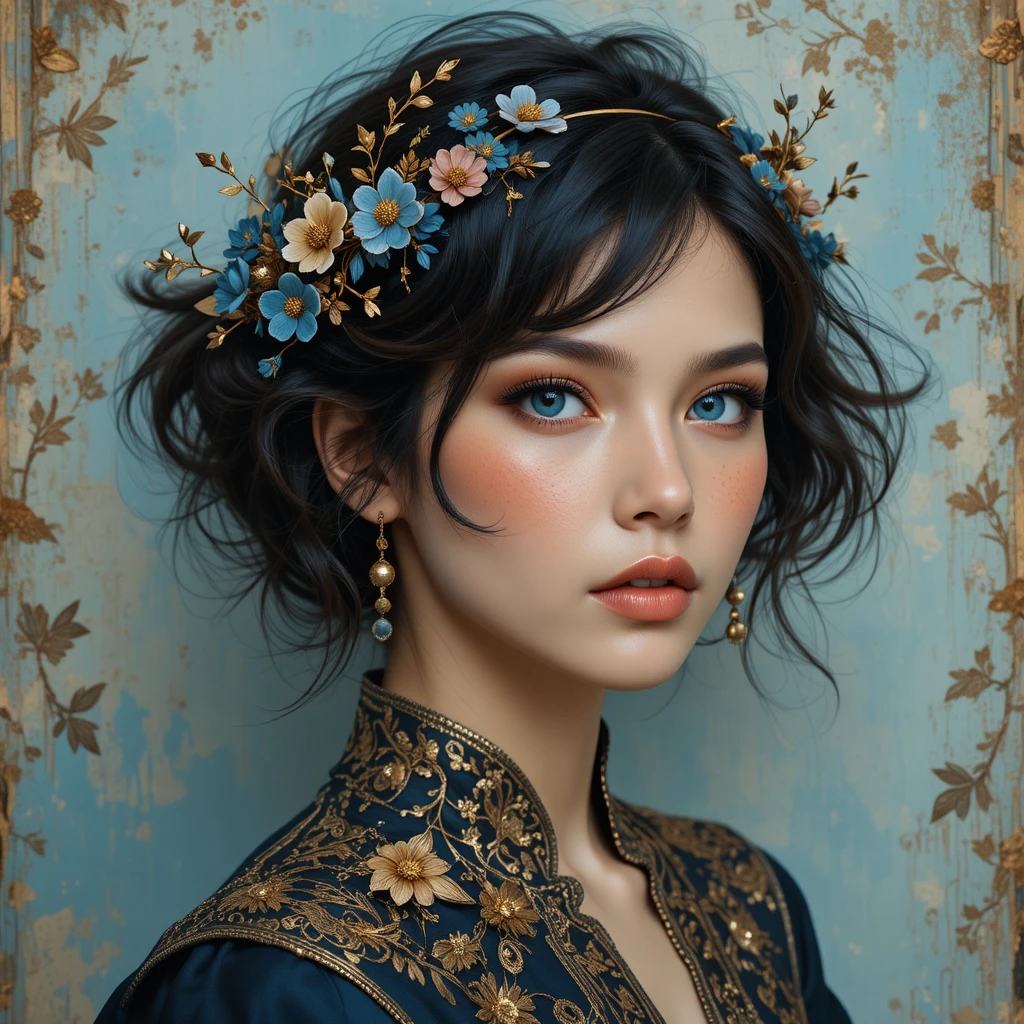 Young woman in floral gold headpiece close up portrait