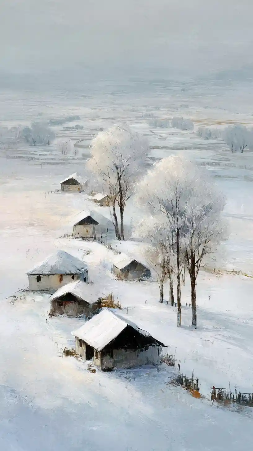 Paisible village rural avec champs enneigés à l’aube