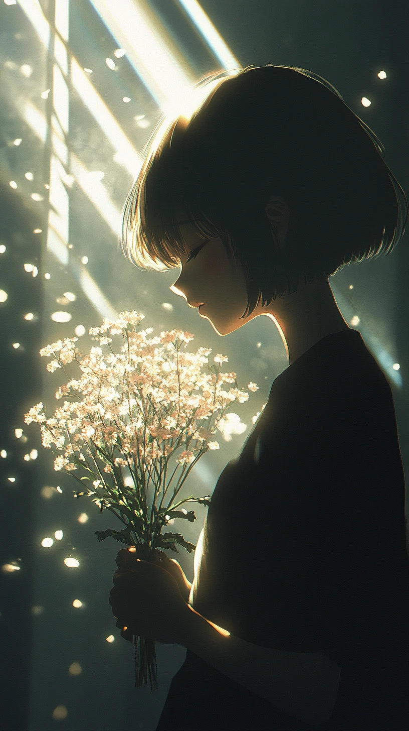 Silhouetted anime girl with glowing flowers in window light