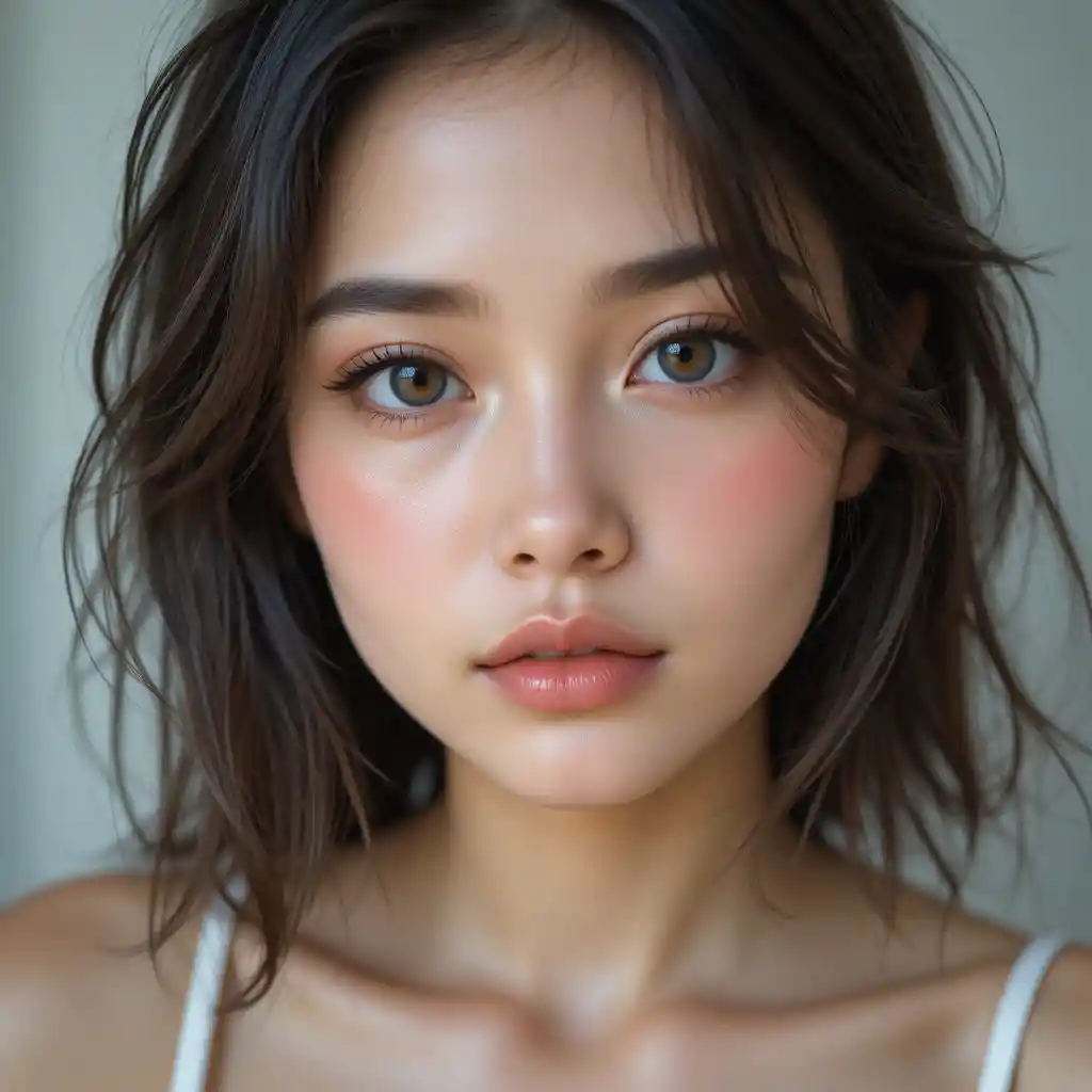 Serene close up portrait of a young woman in white