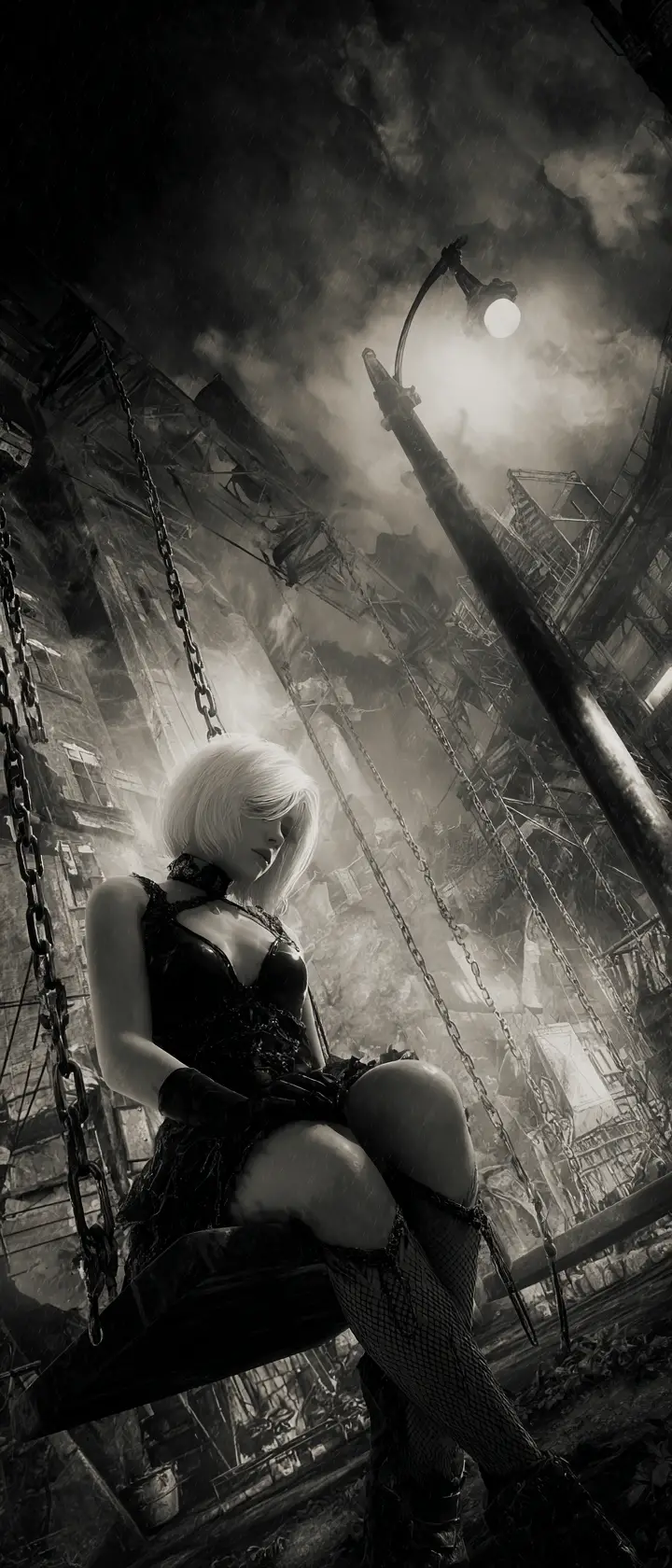 Gothic-Frau auf einer Schaukel auf einem dunklen städtischen Spielplatz