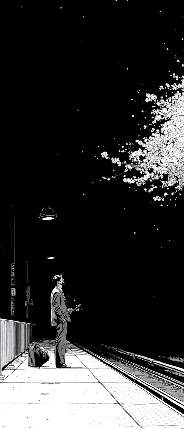 Lonely businessman with cherry blossom on night subway platform