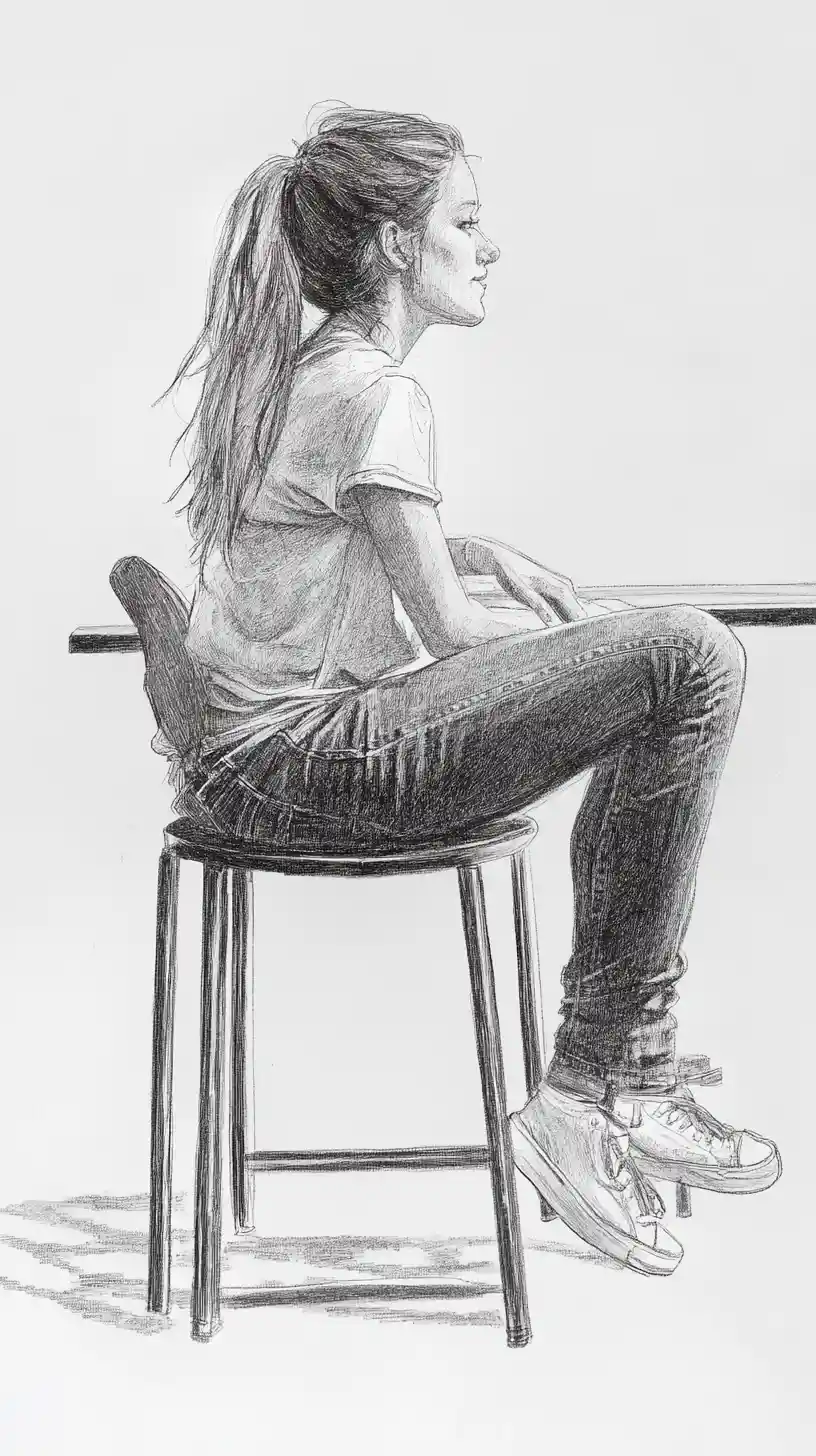 Aquarell einer Frau, die an einem hohen Tisch in rustikalem Interieur lehnt