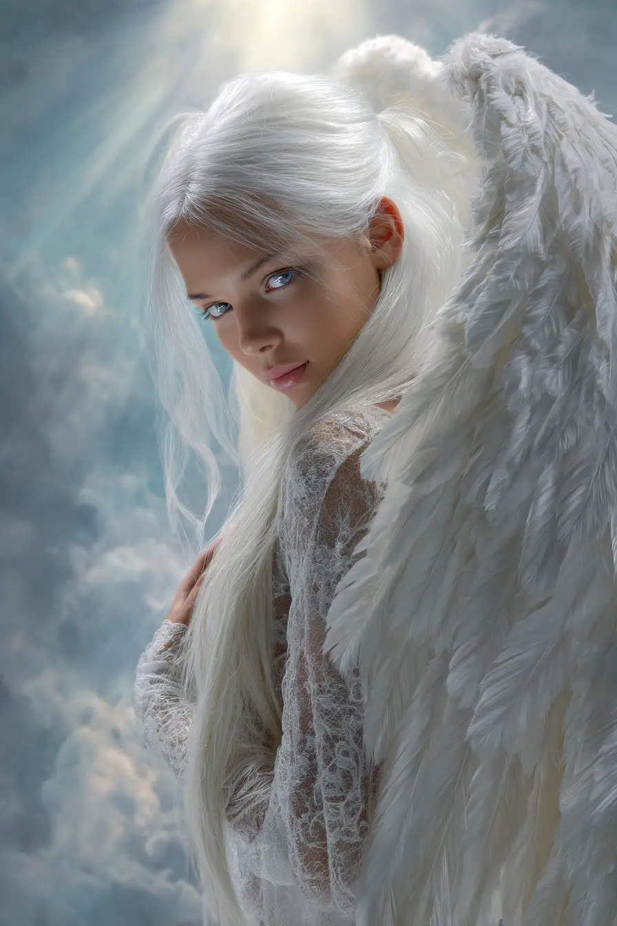 Mujer angelical etérea envuelta en alas blancas