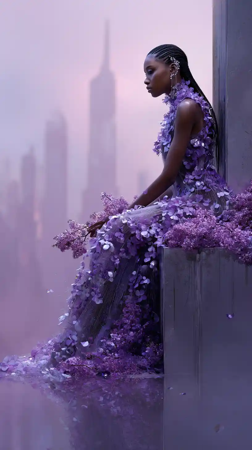 Afrofuturistic woman in lilac flower gown on rainy rooftop