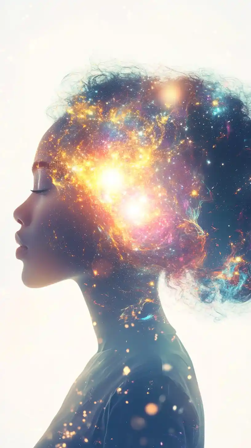 Profilo di donna afrofuturista con luminoso universo cosmico interiore