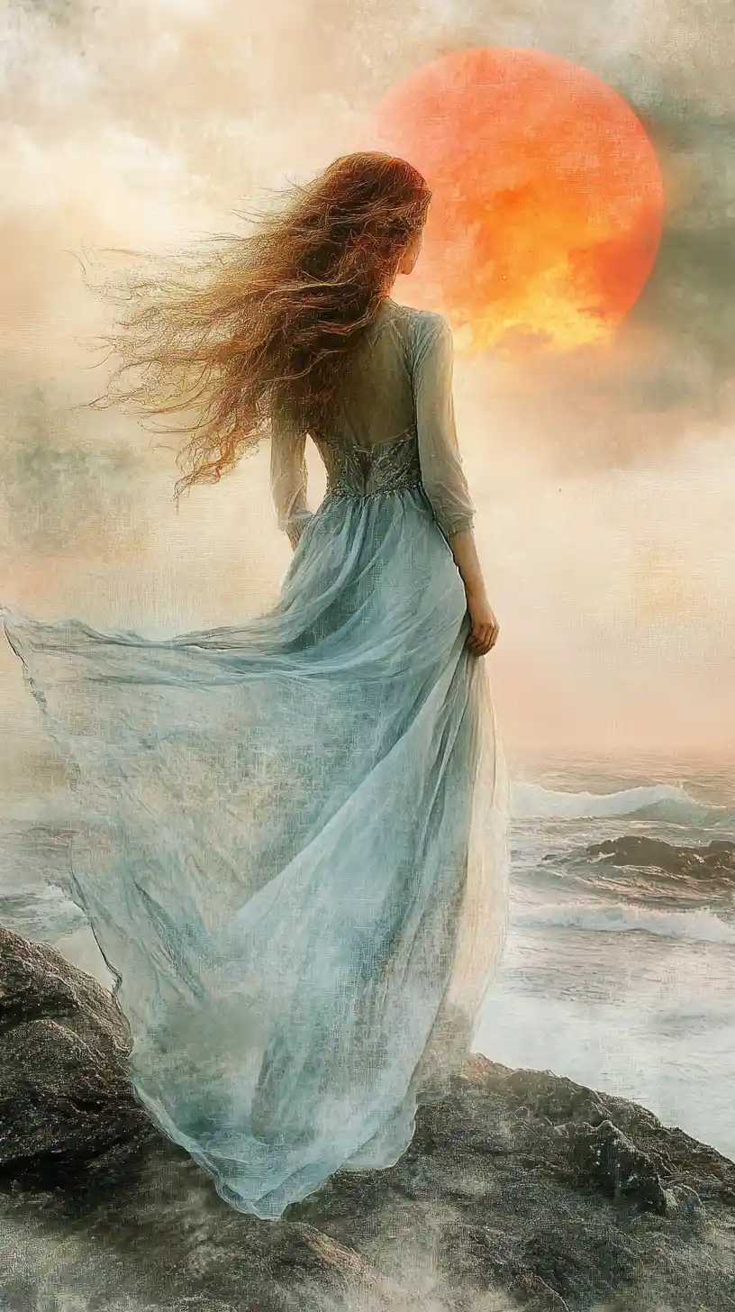 Solitary woman on rocky shore before a setting sun