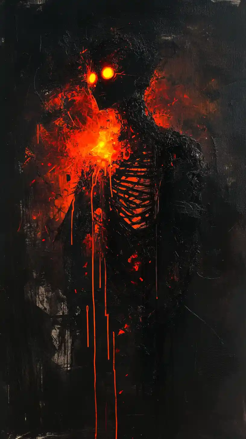 Mystical ribcage silhouette with glowing inner eyes drawing