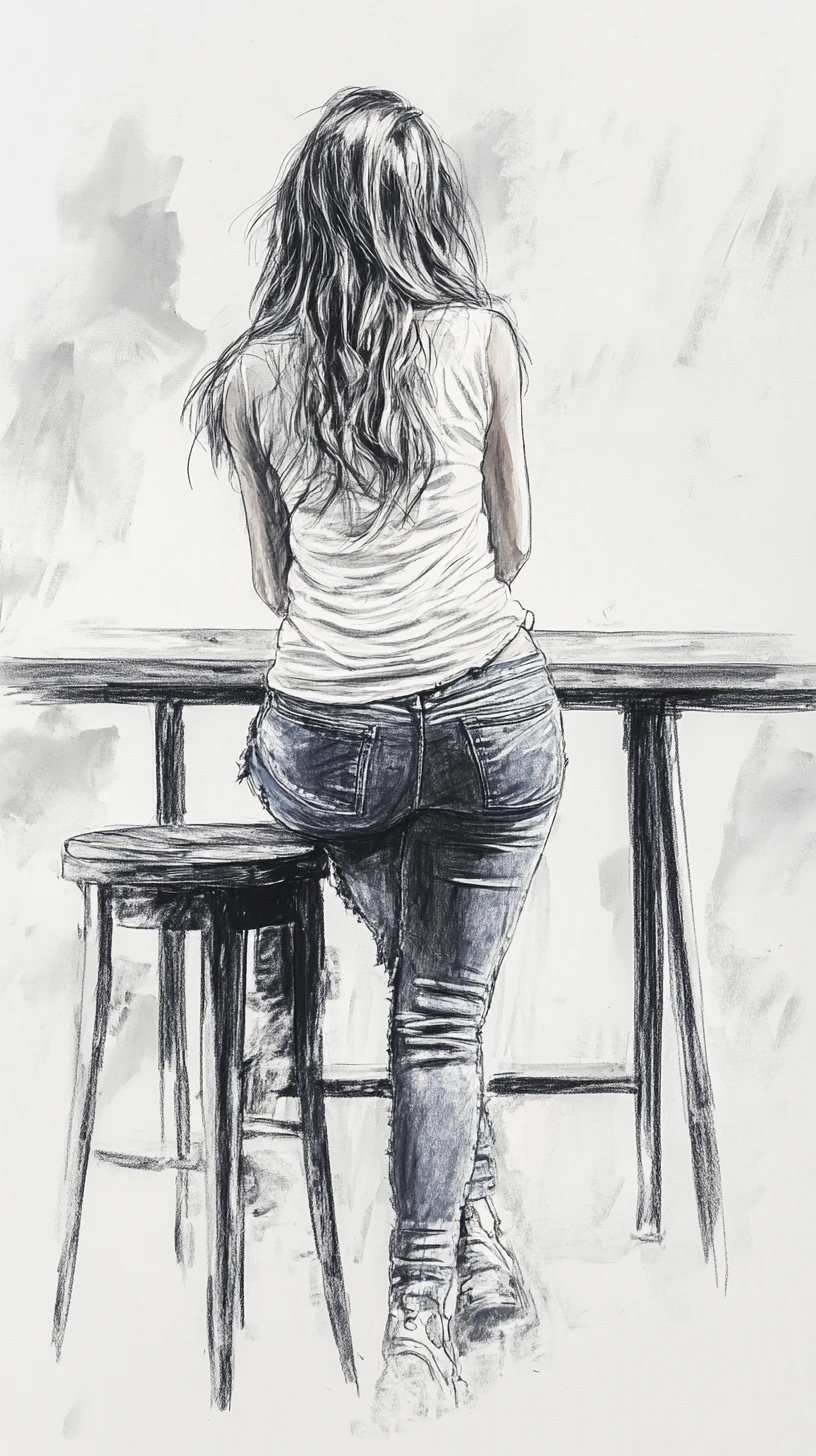 Watercolor of woman leaning on high table in rustic room