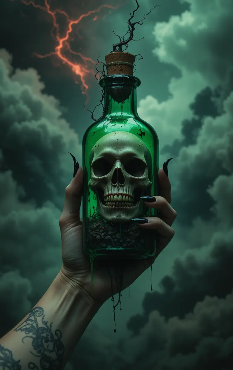Clawed Hand Holding Skull Filled Green Potion Bottle