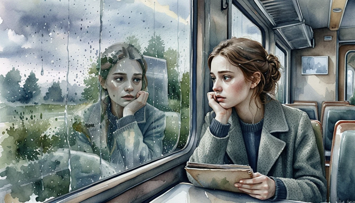 Young woman in a train lost in melancholic thoughts