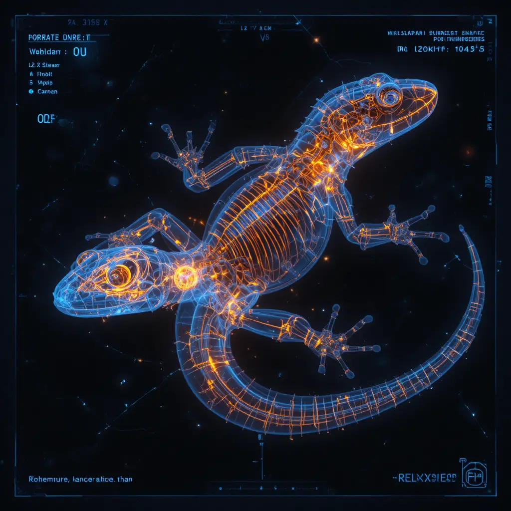 Illustrazione a raggi X al neon di uno scheletro di geco steampunk