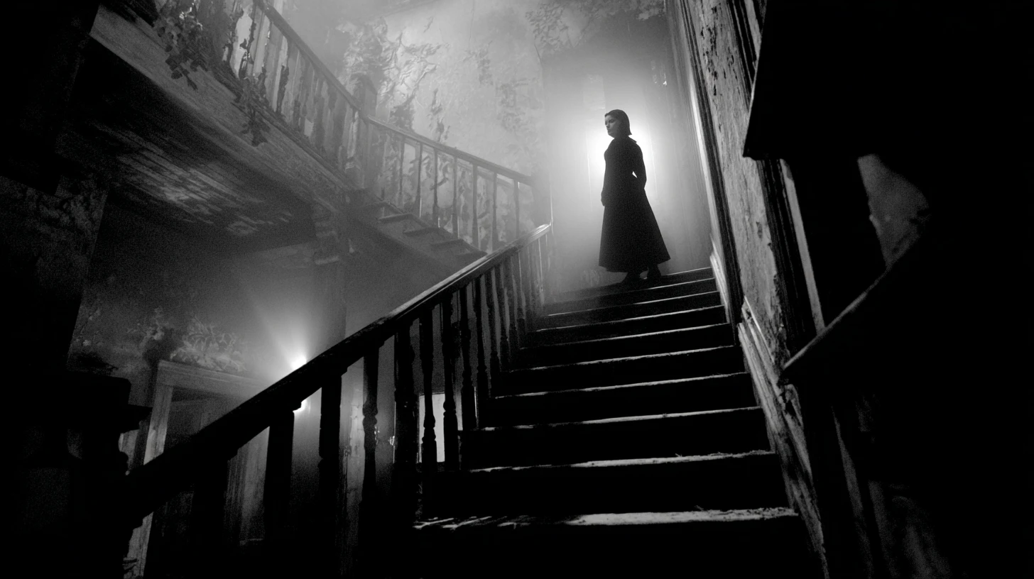 Ghost descending a ruined mansion staircase toward lone explorer