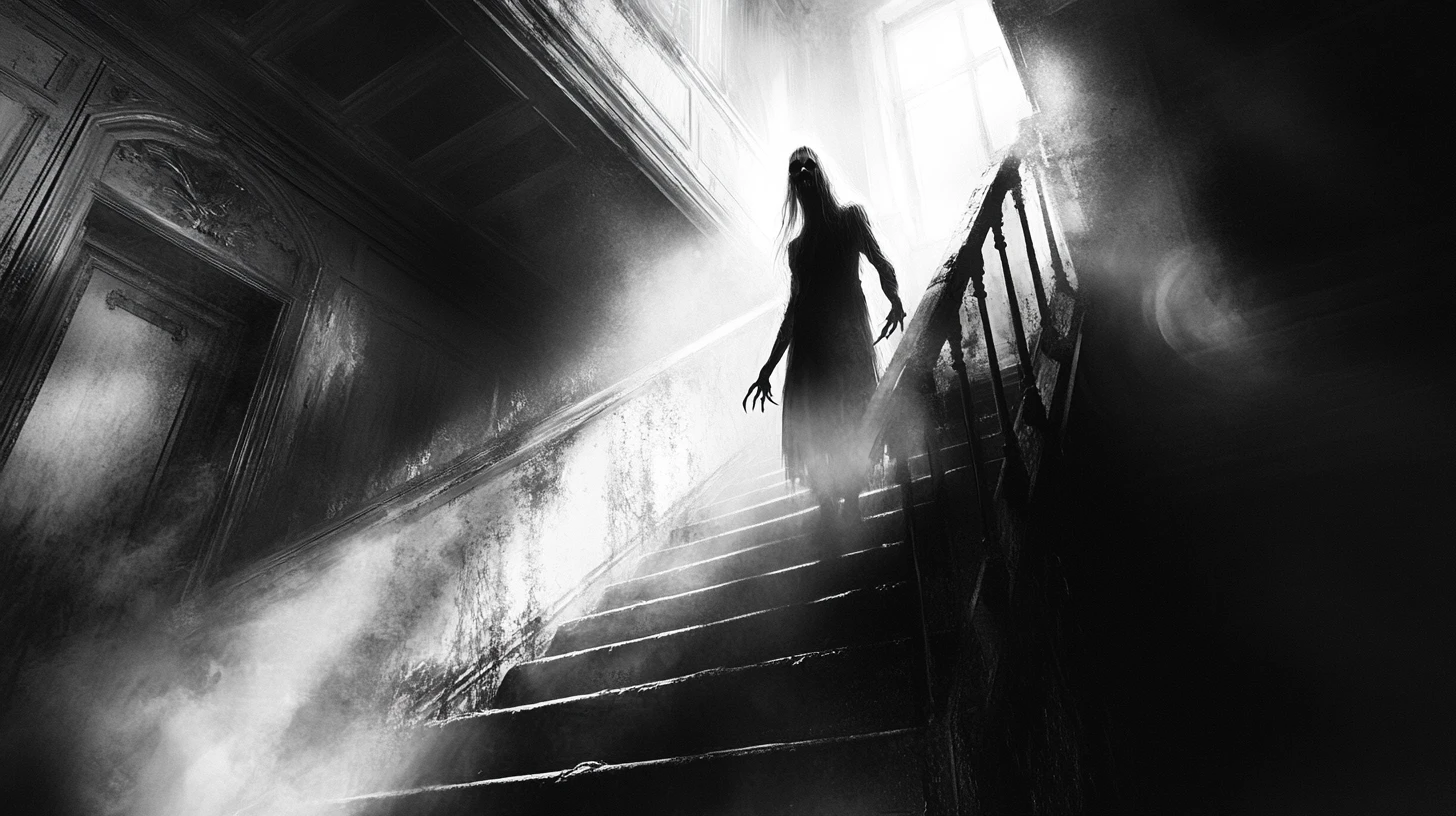 Lone explorer confronts ghost on stairs in dark mansion