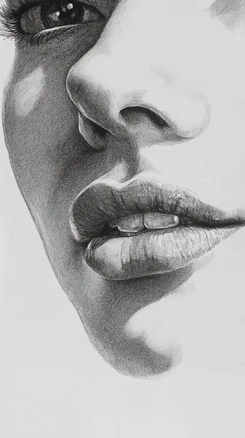 Graphite close up of a womans eye nose and mouth