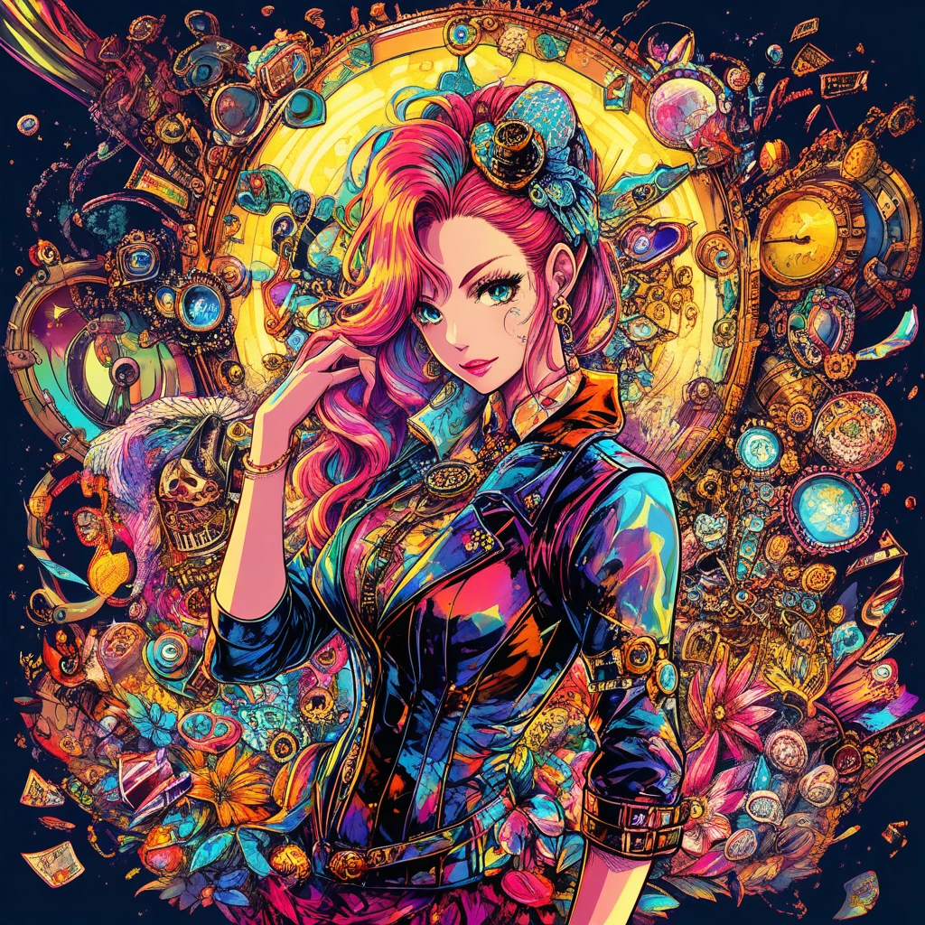 Pretty steampunk woman glowing in vibrant neon colors