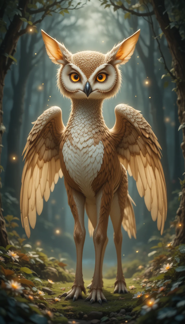 Owl deer hybrid in a misty enchanted forest clearing