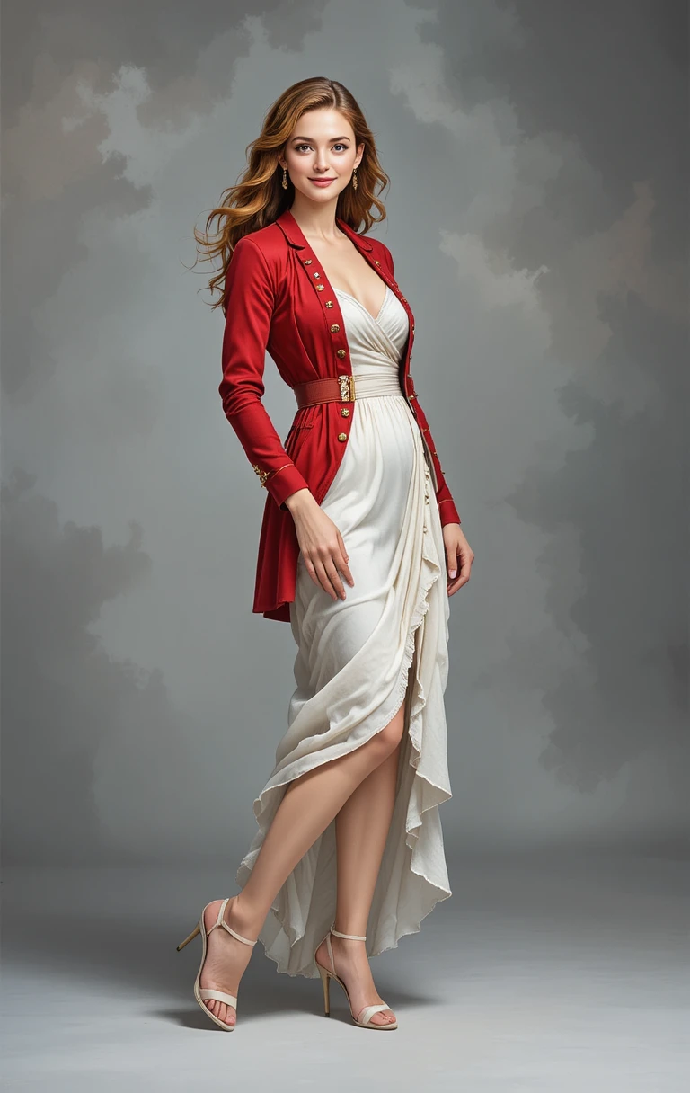 Donna con giacca da ussaro rossa e abito di mussola bianco