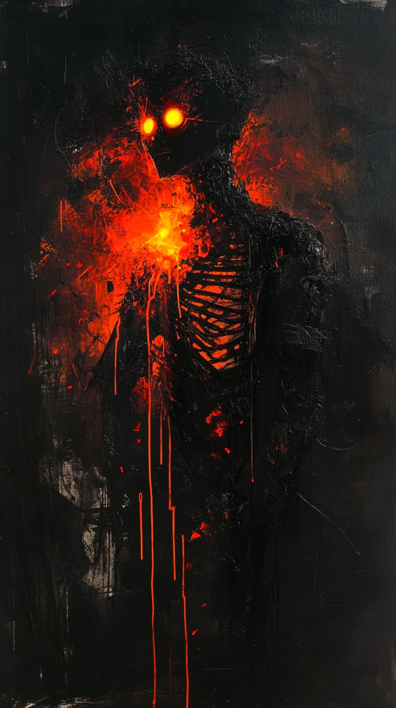 Mystical ribcage silhouette with glowing inner eyes drawing
