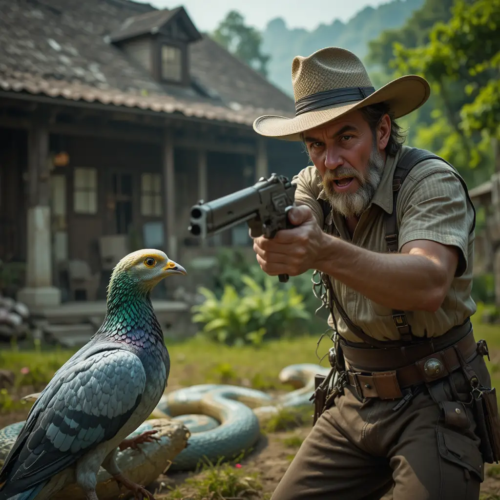 Angry farmer aiming a gun at a huge snake