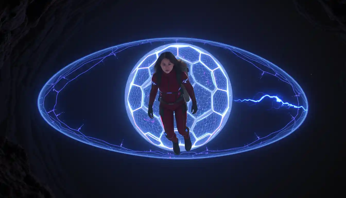 Mulher de traje espacial vermelho dentro de escudo de energia sci‑fi brilhante
