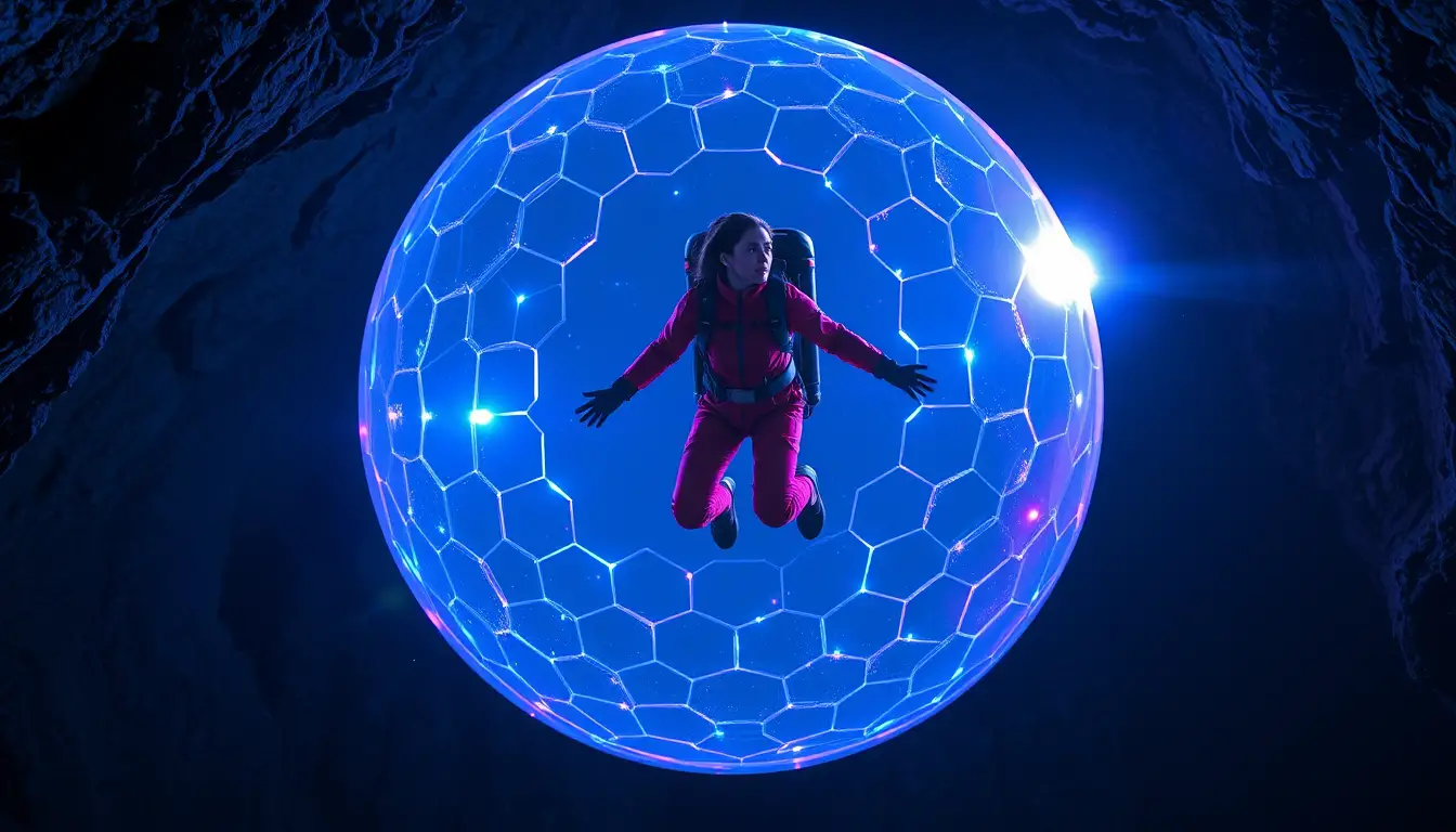 Woman in glowing energy shield inside dark basalt cave