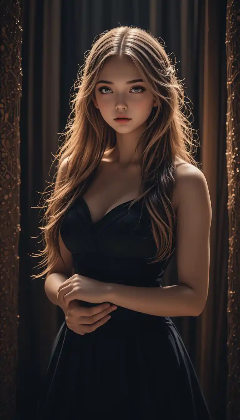 부드럽게 조명된 스튜디오에서 검은 드레스를 입은 젊은 여성의 인물 사진