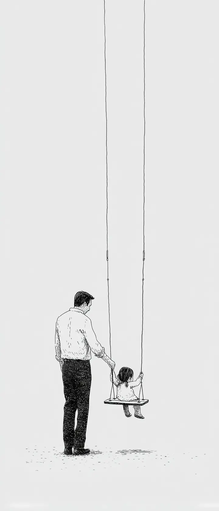 미니멀한 황혼 풍경에서 빈 그네를 미는 아버지