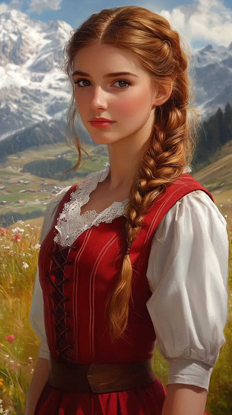 Magnifique fille en dirndl à carreaux dans un alpage ensoleillé