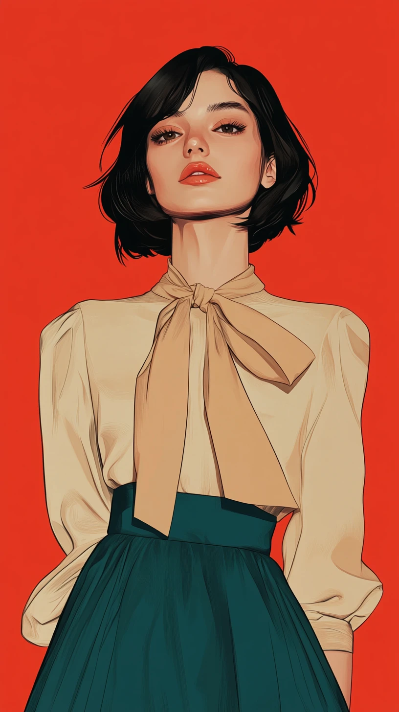 Donna elegante con gonna teal su sfondo grafico rosso intenso