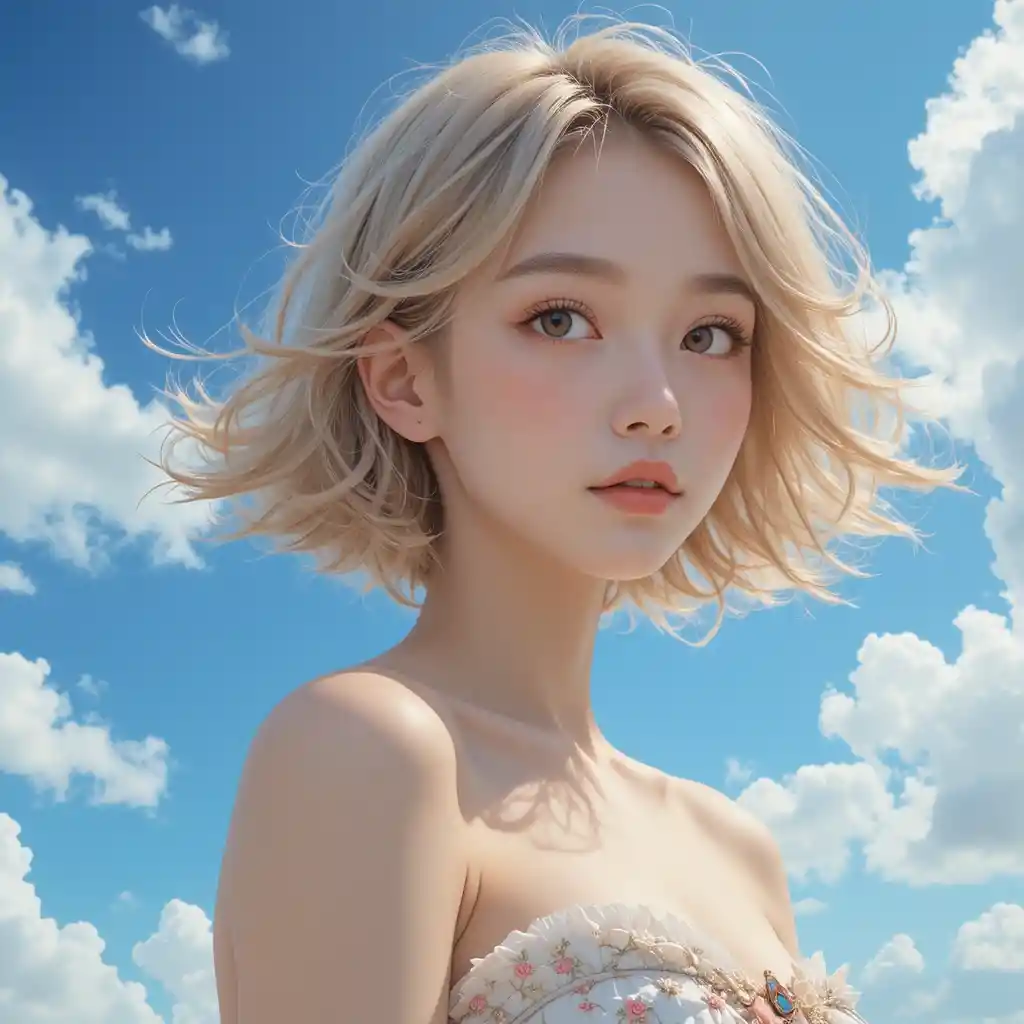 Serene anime girl portrait under a bright blue sky