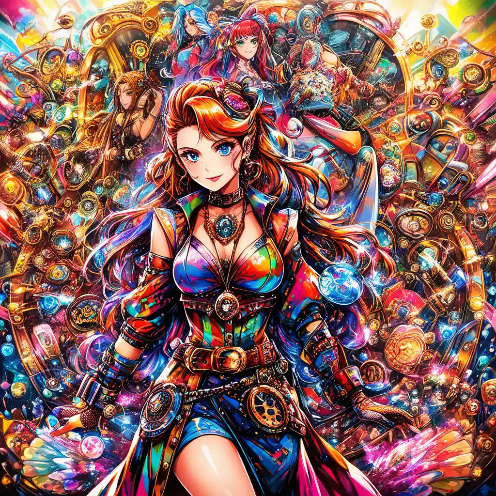 Steampunk girl glowing in vibrant neon colorful lights