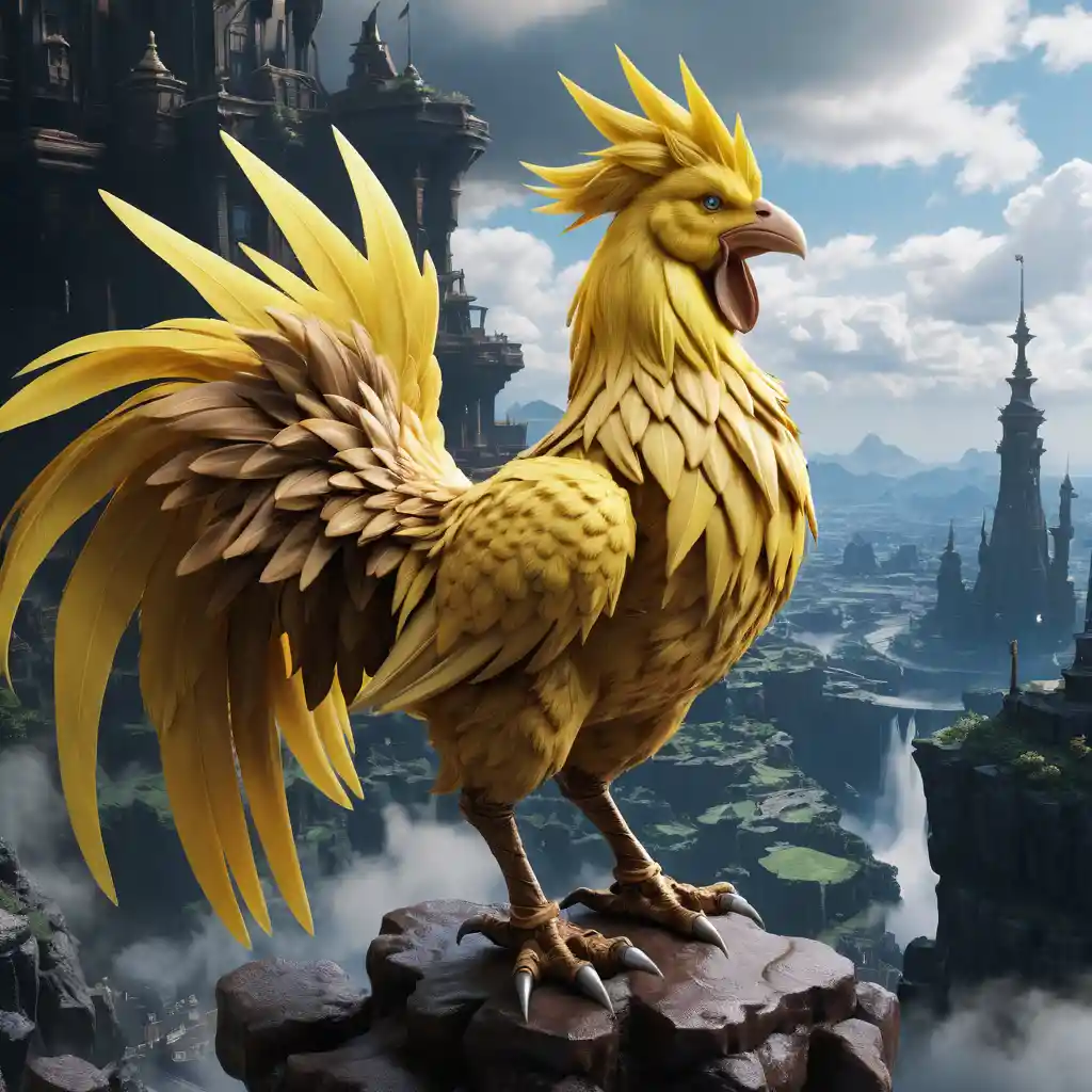 Hero riding a majestic yellow fantasy bird across landscape