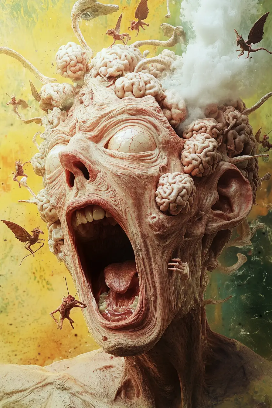 Surreal screaming head with distorted features and bulging eyes