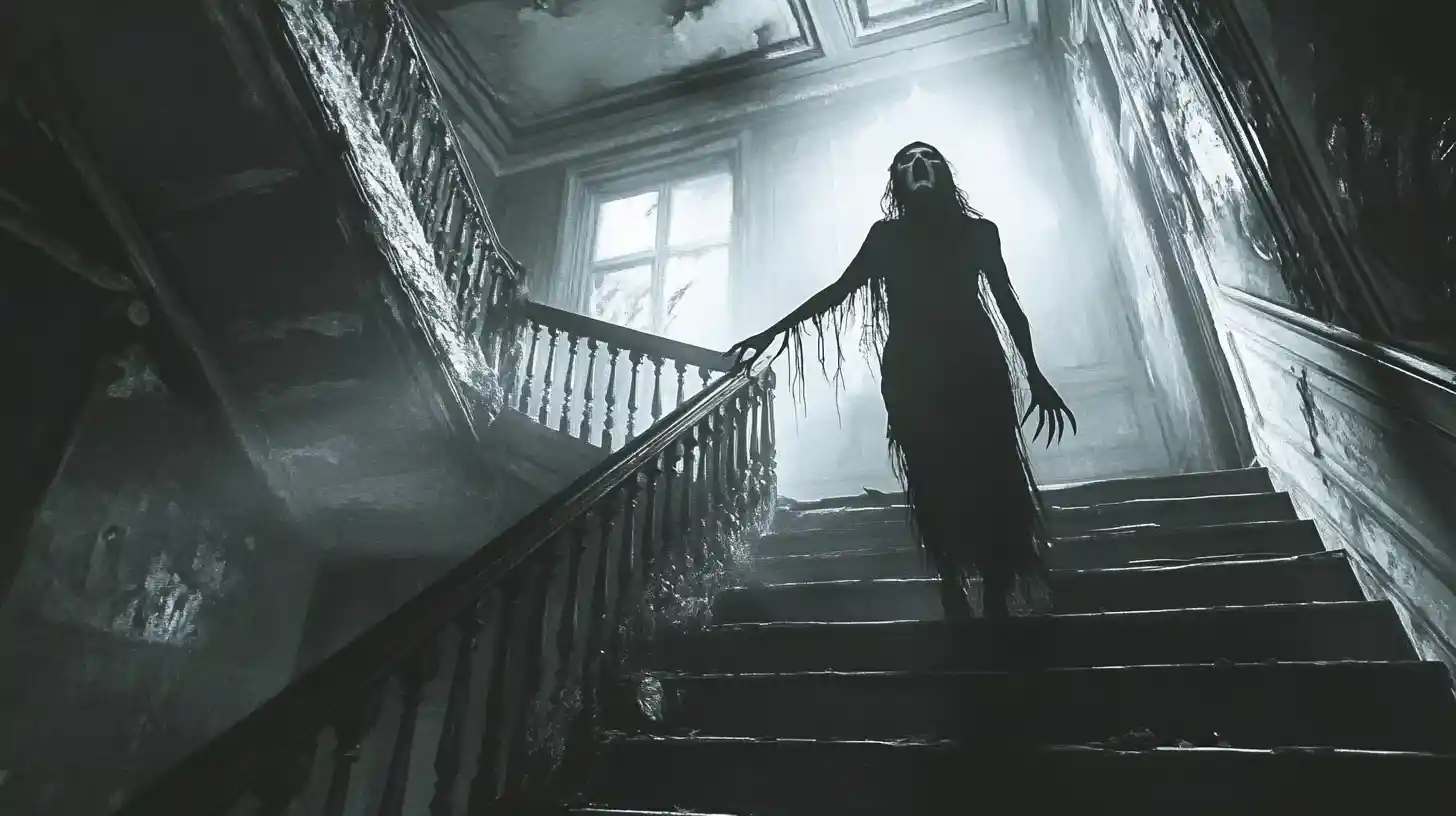 Lone explorer faces ghostly woman on mansion staircase