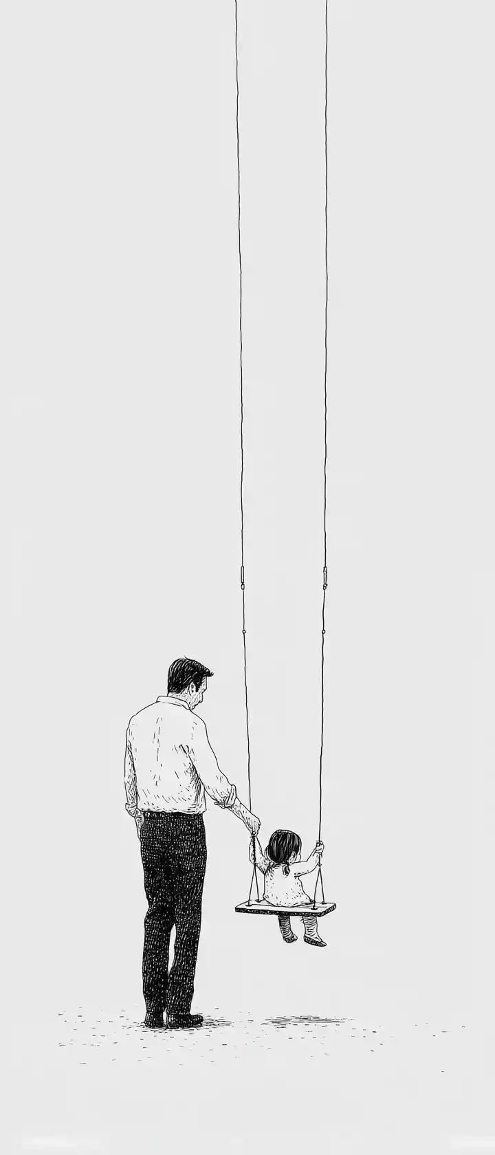 미니멀한 황혼 풍경에서 빈 그네를 미는 아버지