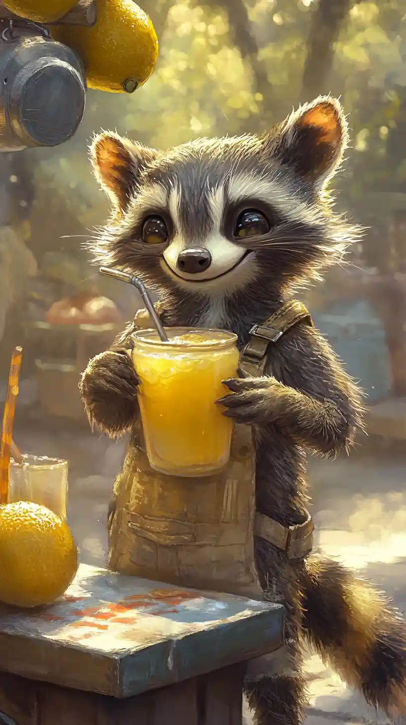 Glücklicher Waschbär lächelt an einem Limonadenstand in New York